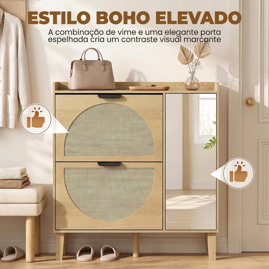 Sapateira Estreita Boho com Espelho 2 Portas em Rattan Armário 10 Pares Prateleiras Ajustáveis 94,5x24x96,5 cm Cor Carvalho