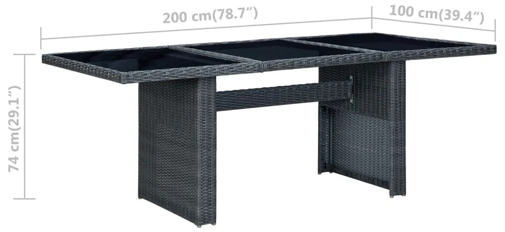 Mesa de jardim vime PE e vidro temperado cinzento-escuro