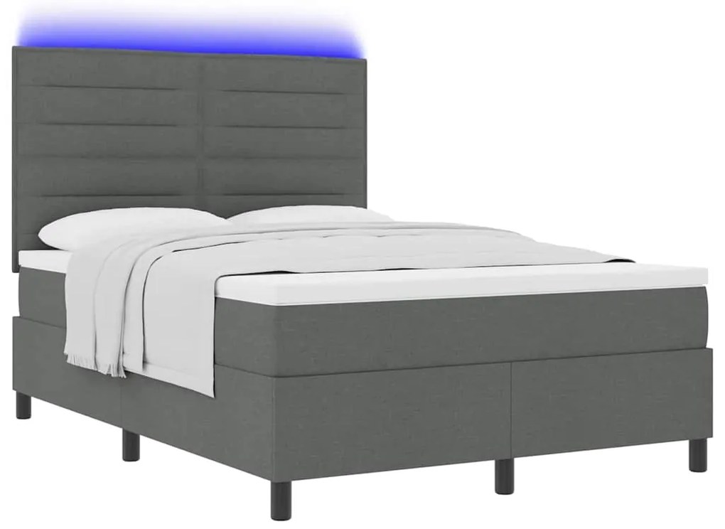 Cama Box com Colchão e LED em Cinza Escuro, 160 x 200 cm Tecido
