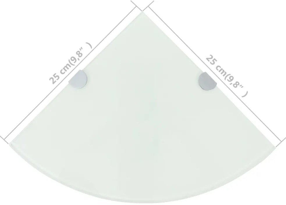 Prateleira canto, suportes cromados, vidro branco 25x25cm