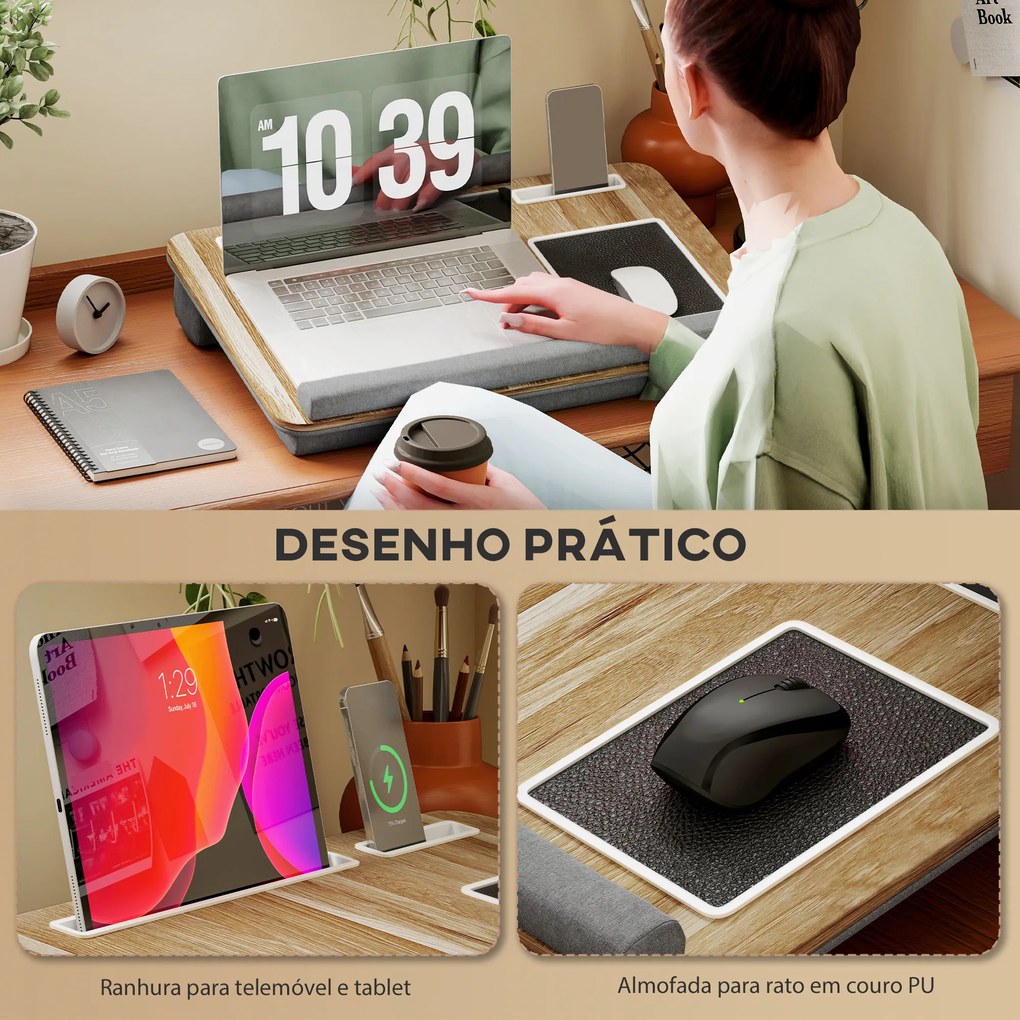 Suporte para Portátil com Amofada Ranhura para Tablet Almofada para Mouse Apoio para os Punhos Mesa para Portátil 55,5x37x9 cm Carvalho