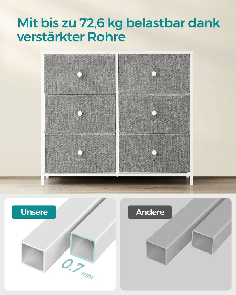 Cómoda com 6 gavetas em tecido com estrutura metálica e organizador 30 x 80 x 71 cm cinza claro, branco