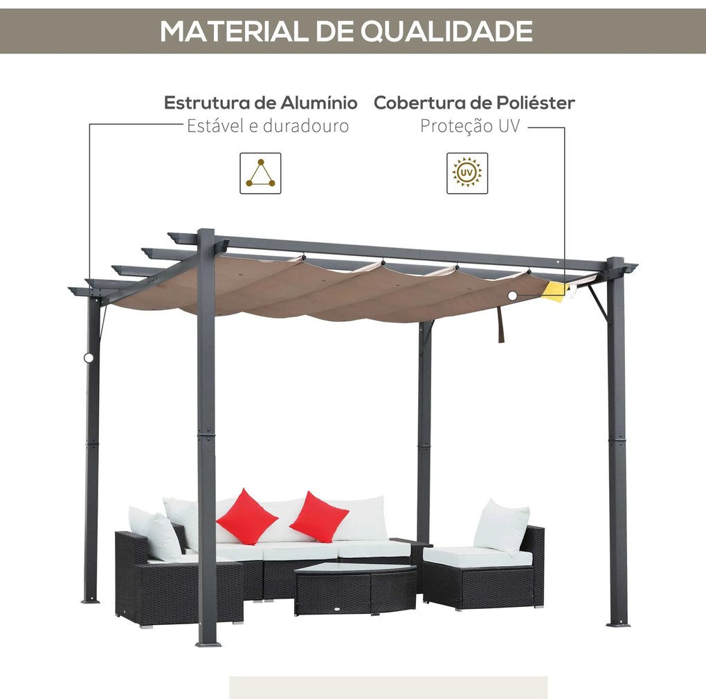 Pérgola de Jardim com Toldo de Poliéster Retrátil e Estrutura de Alumínio para Exterior Pátio 3x3 m Cinza e Castanha