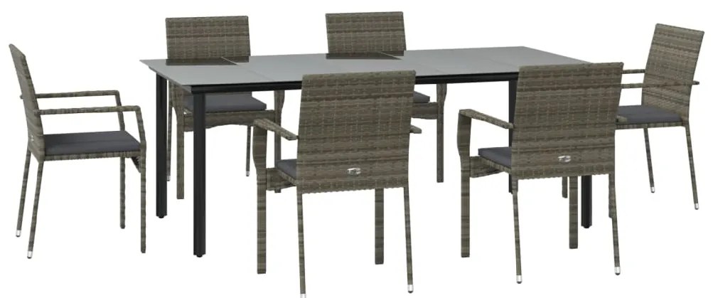 7 pcs conjunto jantar jardim c/ almofadões vime PE preto/cinza