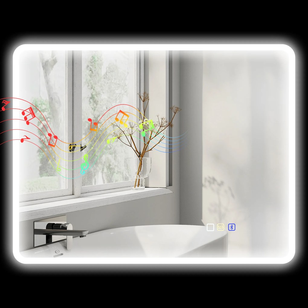 Espelho de casa de banho LED com Bluetooth, 70 x 90 cm, interruptor tátil, iluminação regulável, 3 cores, antiembaciamento, memória, prateado