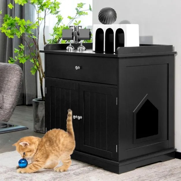 Caixa de areia para gatos com gaveta 2 portas Armário de cabeceira Caixa de areia Mesa de apoio 76 x 53 x 74 cm Preto