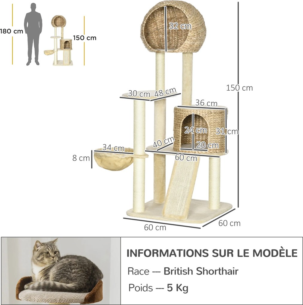 Arranhador para gatos com arranhador de sisal natural, 2 nichos, plataforma, rede e peluche 60 x 60 x 150 cm, bege