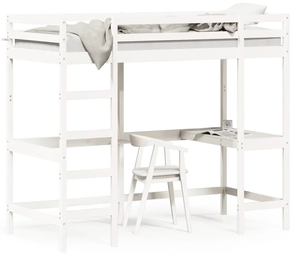 vidaXL Cama alta com secretária 90x200 cm pinho maciço branco