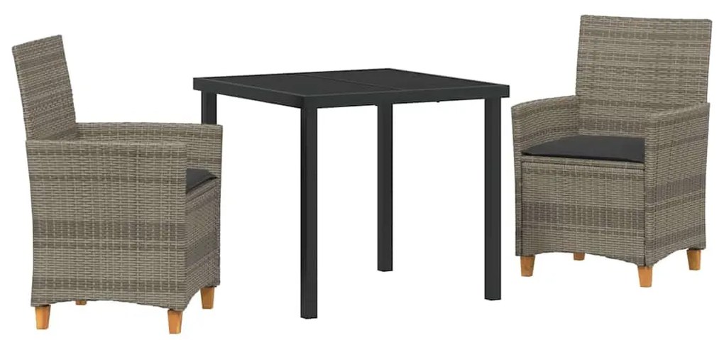 Conjunto de jantar de jardim com 3 peças e almofadas cinzas em polirat