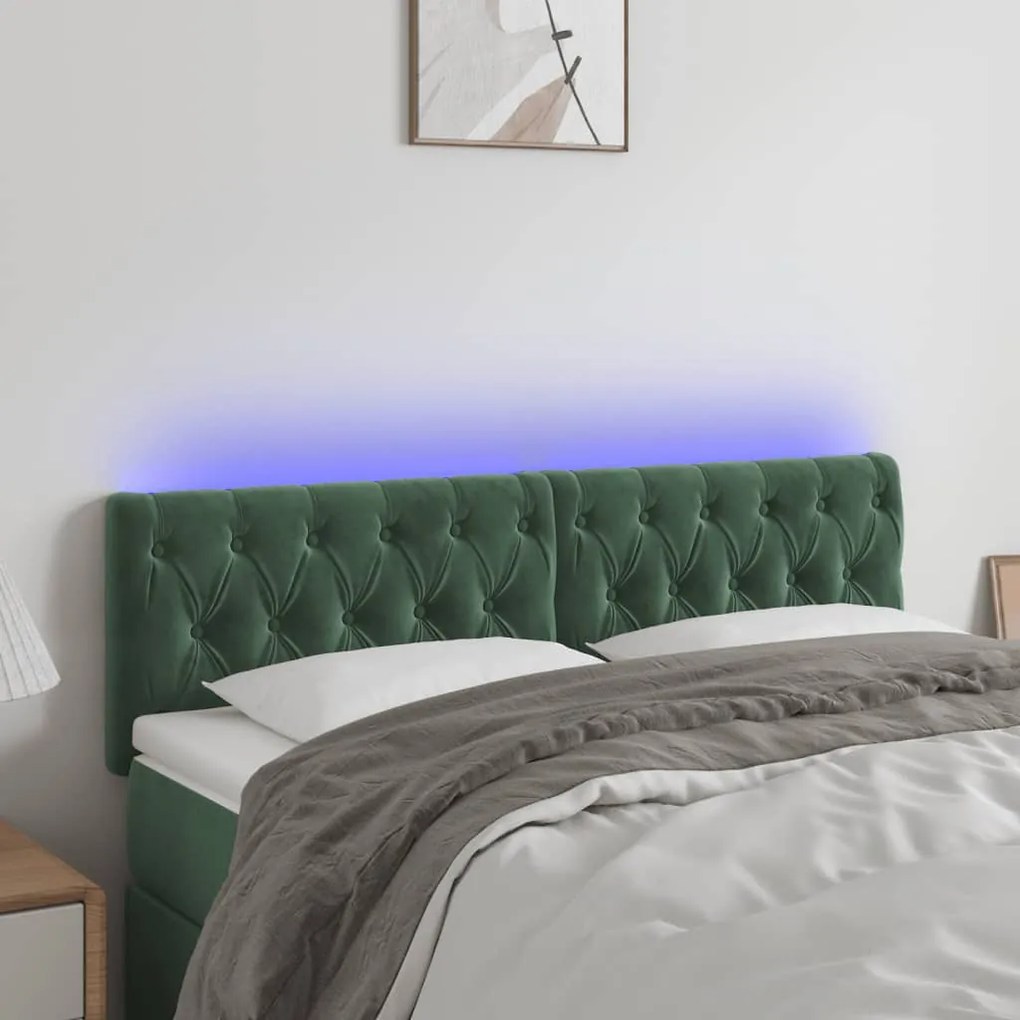 Cabeceira de cama c/luzes LED veludo 144x7x78/88cm verde-escuro