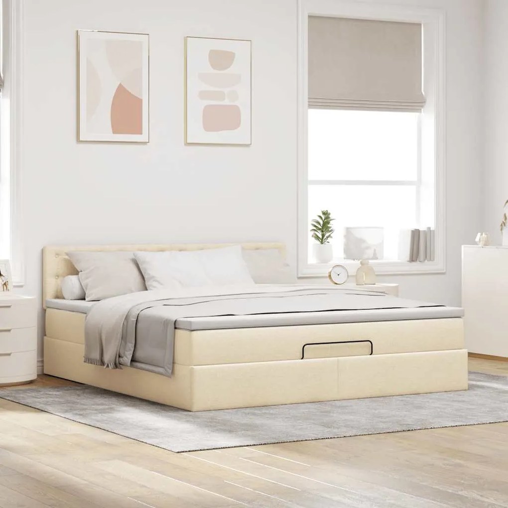 Estrutura de cama otomana com colchão tecido creme 160x200cm