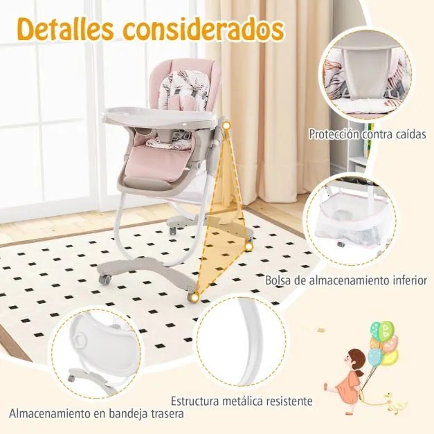 Cadeira alta dobrável refeição para bebés com rodas giratórias, 7 alturas ajustáveis, apoio para os pés, encosto, apoio para os pés e encosto em Rosa
