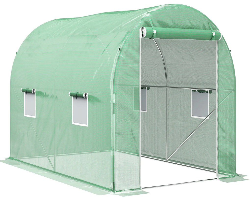 Estufa Tipo Túnel 298x197x189 cm com Porta e 4 Janelas para Cultivo de Plantas e Verduras com Cobertura PE 140g/㎡ Verde