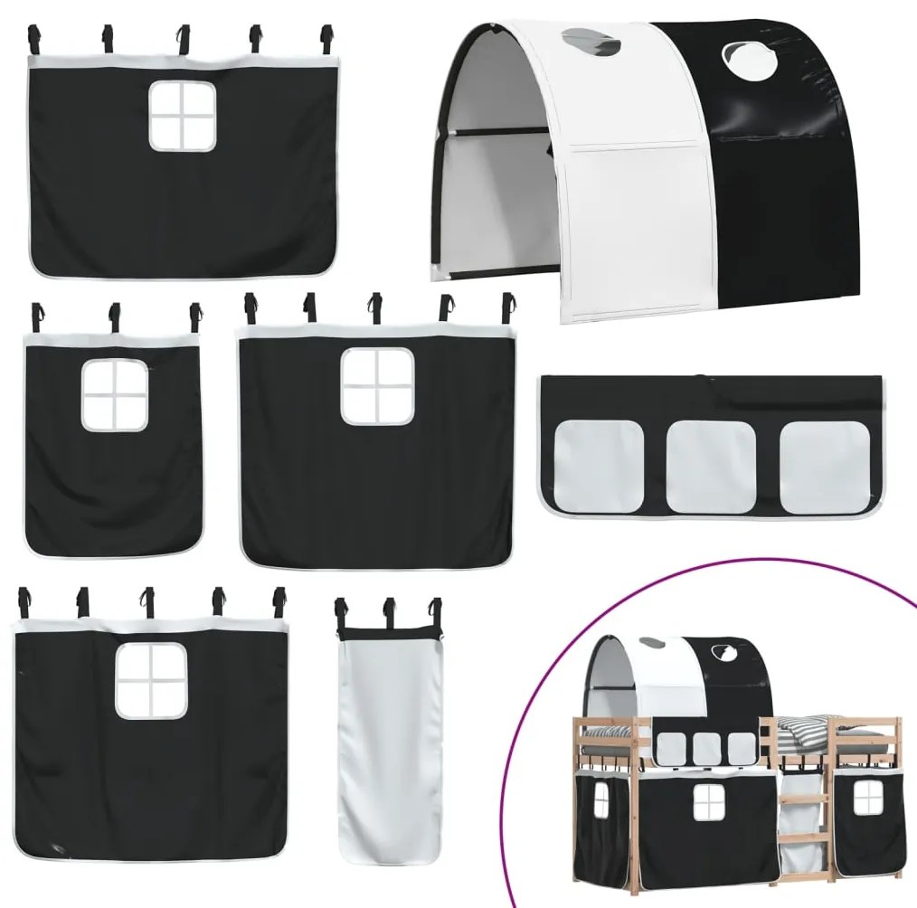 Beliche com cortinas 80x200 cm pinho maciço branco e preto