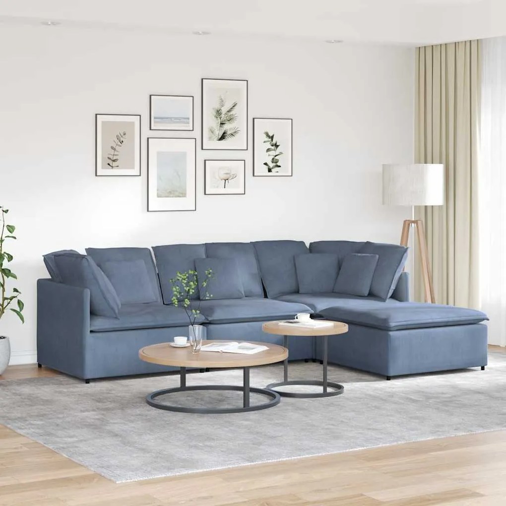 vidaXL Sofá modular com pufes e almofadas tecido corduroy azul