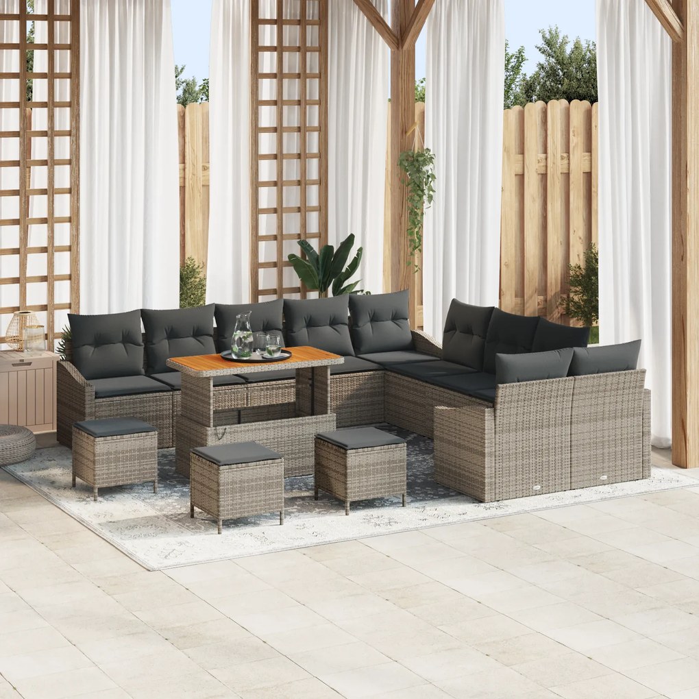 Conjunto de Sofás de Jardim vidaXL com 14 Peças com Almofadas Cinza Rattan Sintético Acácia