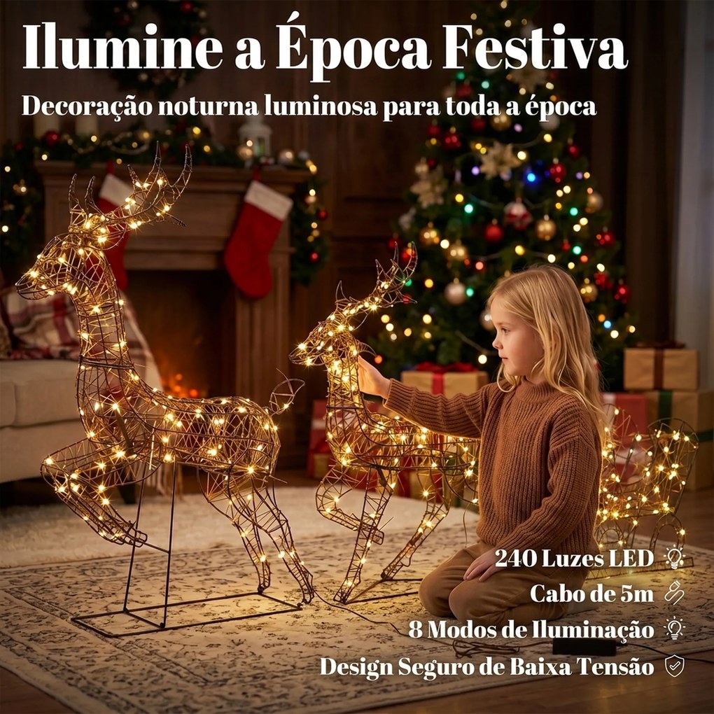 Conjunto de Renas e Trenó de Natal com Luzes, 3 Peças, em Rattan de PP, 240 LED, 8 Modos e Temporizador