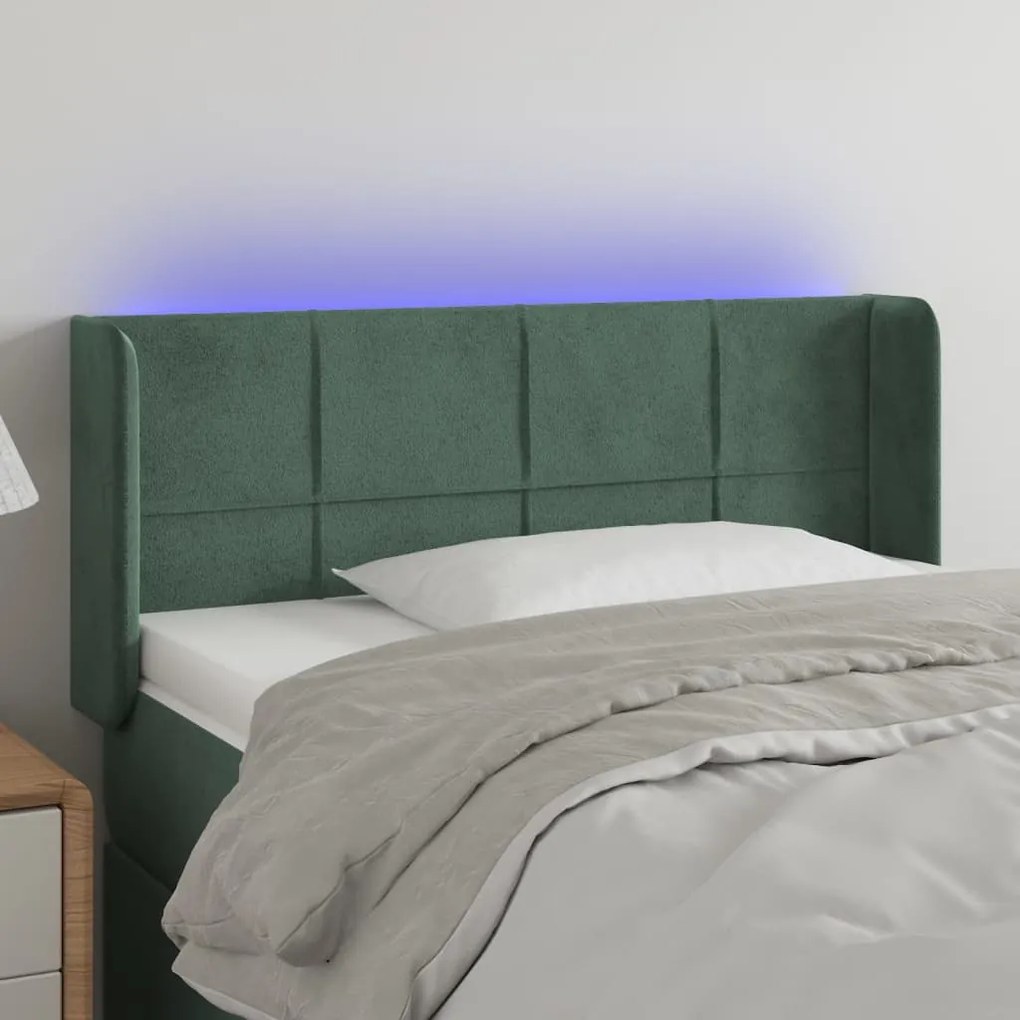 Cabeceira cama c/ luzes LED veludo 103x16x78/88 cm verde-escuro