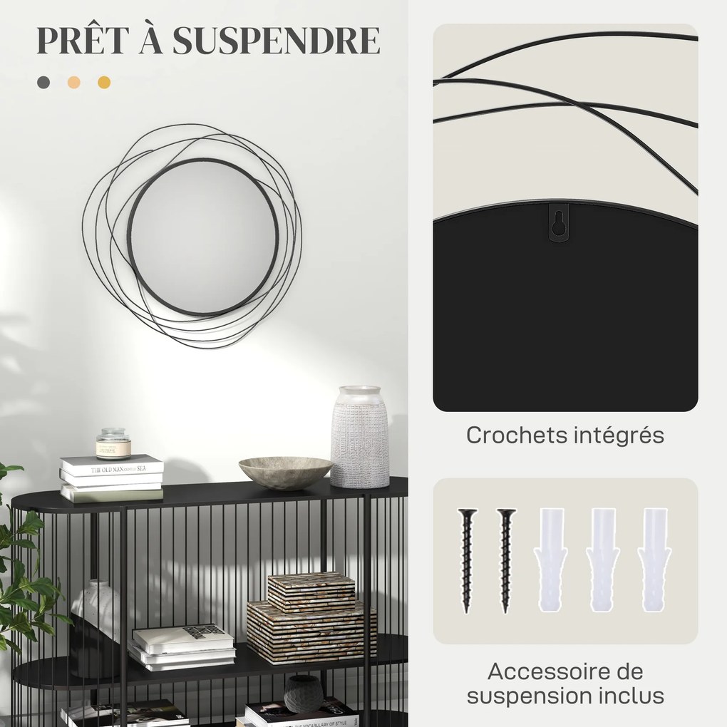 Espelho redondo em metal de malha preta, decoração de estilo moderno, diâmetro Φ65 cm preto