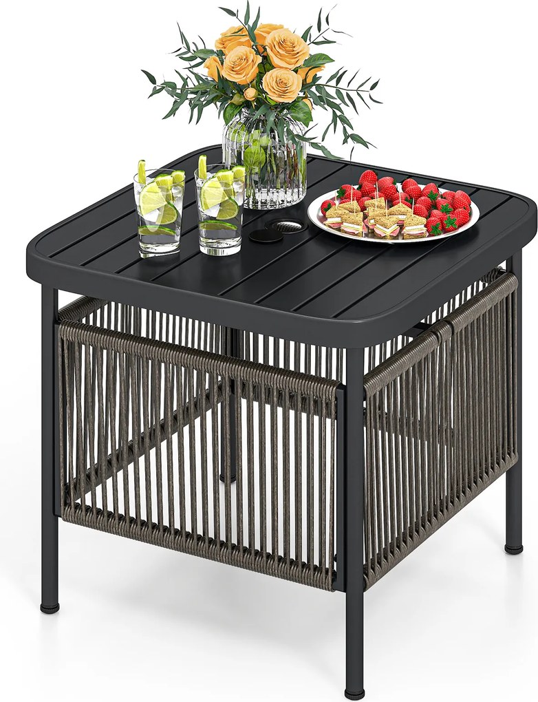 Mesa auxiliar jardim em rattan resistente às intempéries 56 x 56 x 49 cm com orifício para guarda-sol Preta