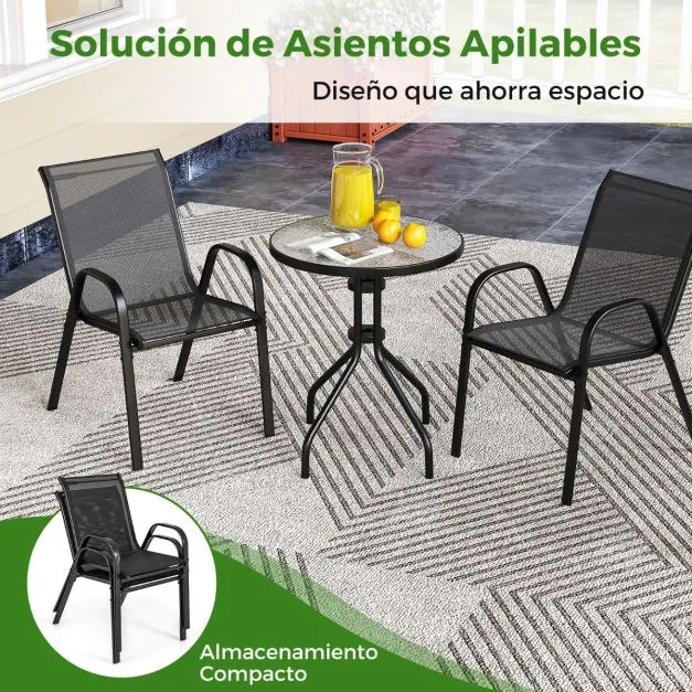 Conjunto móveis de Jardim 3 peças 2 cadeiras empilháveis 1 mesa de apoio Vidro temperado Tecido respirável Jardim Varanda Terraço Pátio Preto