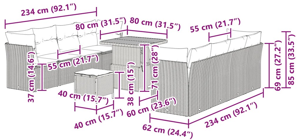 Conjunto de Sofa de Jardim vidaXL com 11 Peças com Almofadas Cinzento