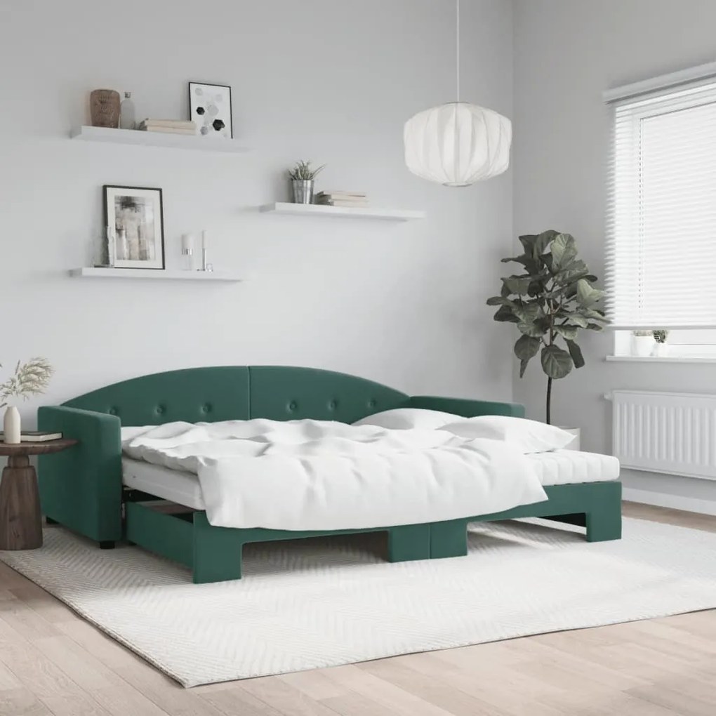 Sofá-cama c/ gavetão e colchões 90x200cm veludo verde-escuro