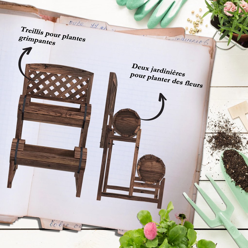 Floreira elevada com treliça quadrada de 2 níveis para terraço, varanda ou jardim, 42 x 49 x 80 cm, castanho