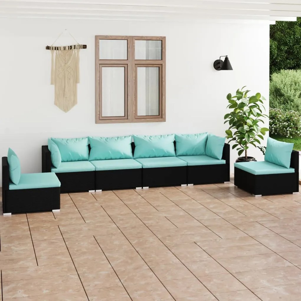 vidaXL 6 pcs conjunto lounge de jardim c/ almofadões vime PE preto