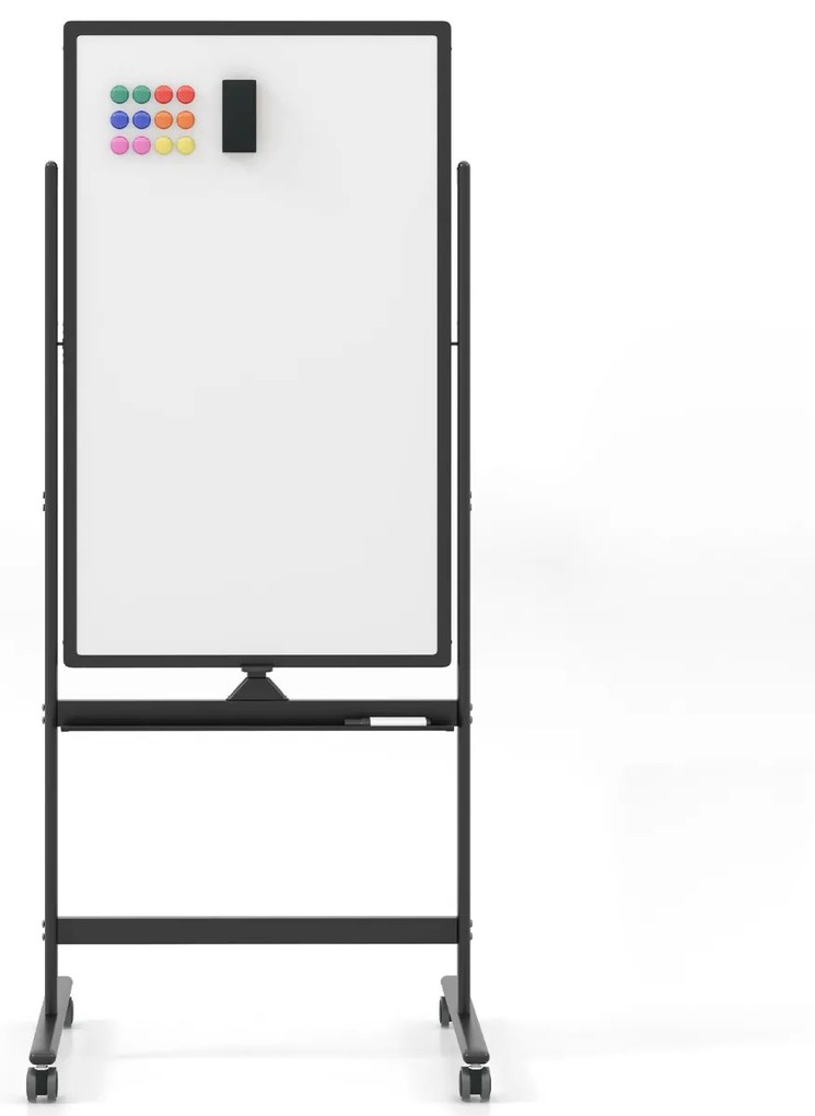 Quadro branco magnético móvel 60 x 100 cm Quadro branco seco de dupla face com suporte sobre rodas Altura ajustável para escritório Escola Preto