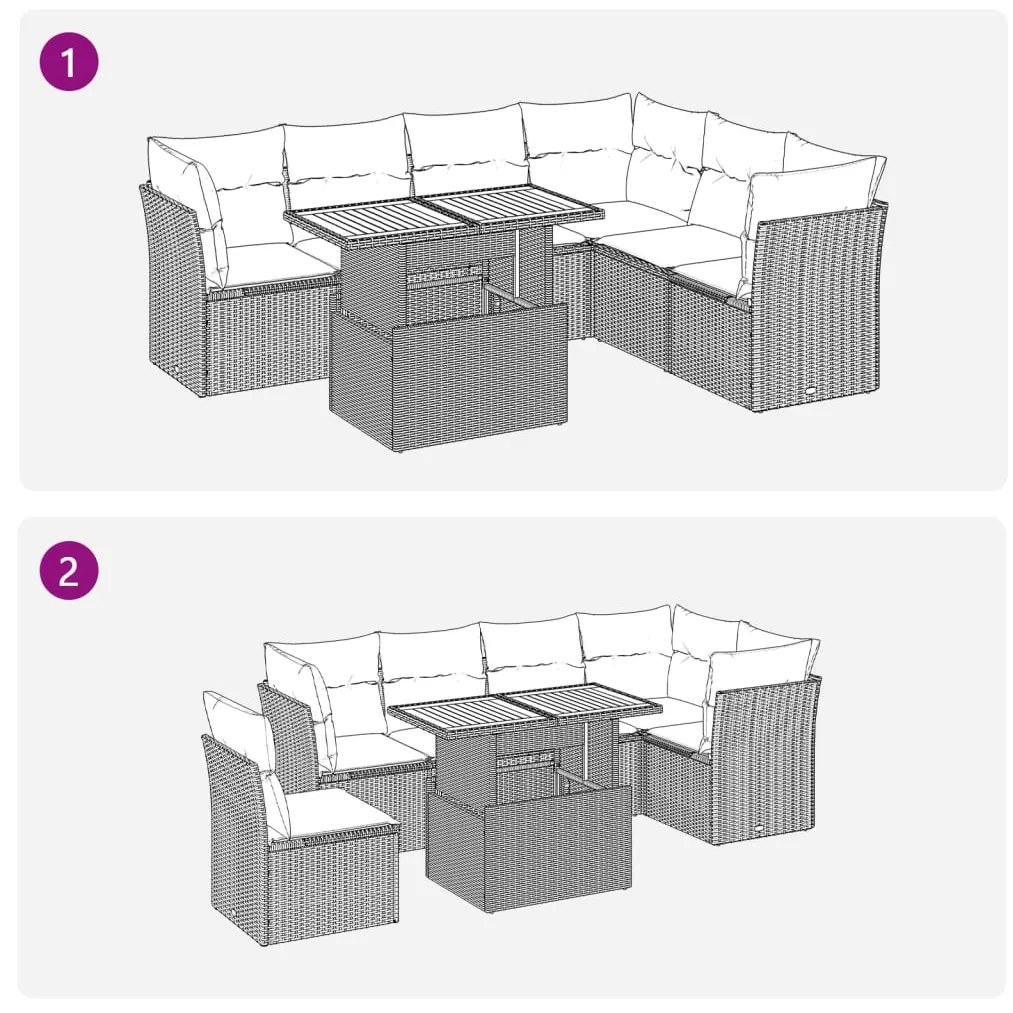 7 pcs conjunto de sofás p/ jardim com almofadões vime PE bege