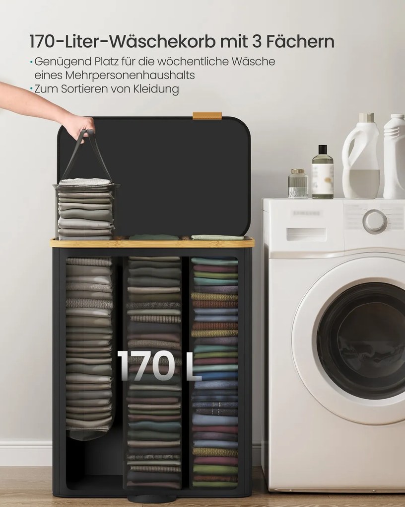 Cesto da roupa suja com tampa e saco removível 60 x 38,5 x 75 cm, 170 L, preto