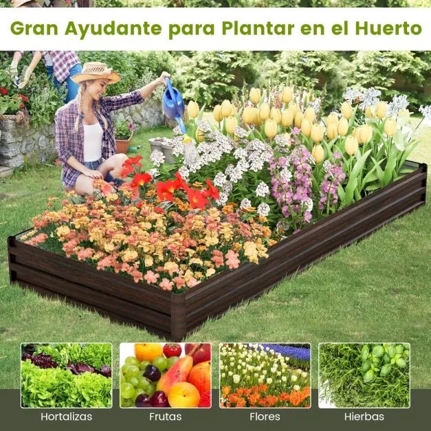 Floreira metálica para jardim elevado com suporte reforçado Base aberta Fácil montagem 240 x 120 x 30 cm Café