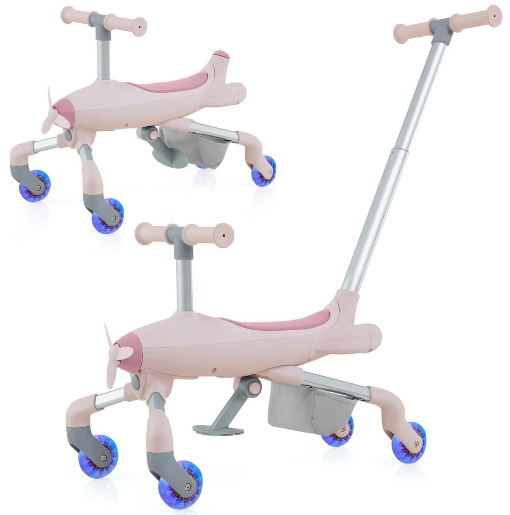 Carrinho de bebé 2 em 1 com tema de avião, rodas iluminadas por LED, pega amovível, apoio para os pés dobrável e ajustável para crianças dos 18 aos 70