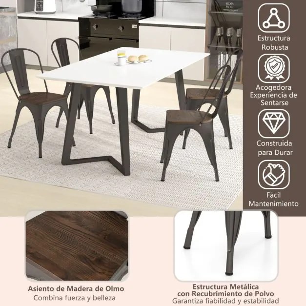 Conjunto de 4 cadeiras de jantar empilháveis em metal com assento em madeira e encosto alto removível Castanho escuro
