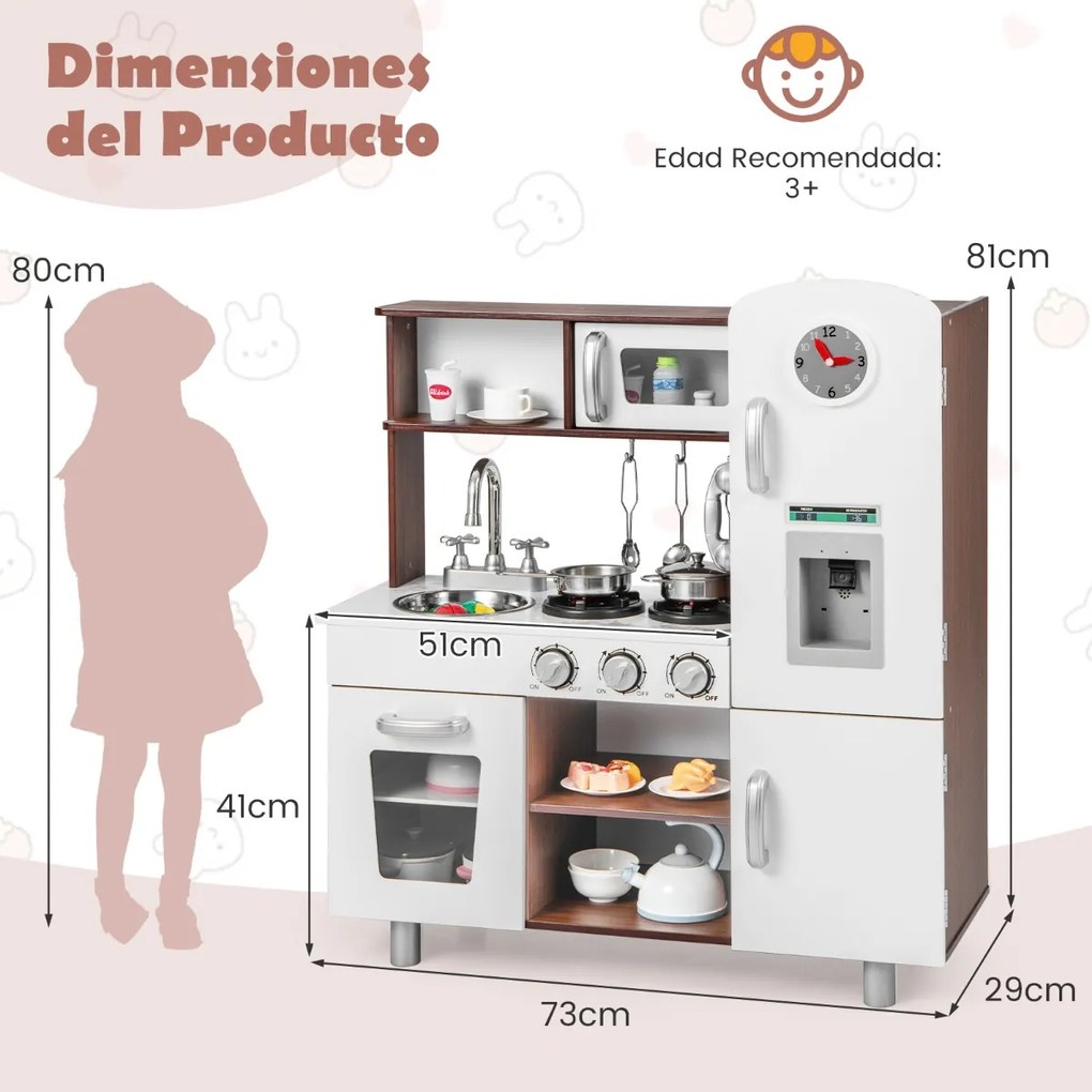 Cozinha de brincar para crianças a partir dos 3 anos com sons, luzes, fogão, máquina de gelo, telefone, lava-loiça, utensílios 73 x 29 x 81 cm castanh