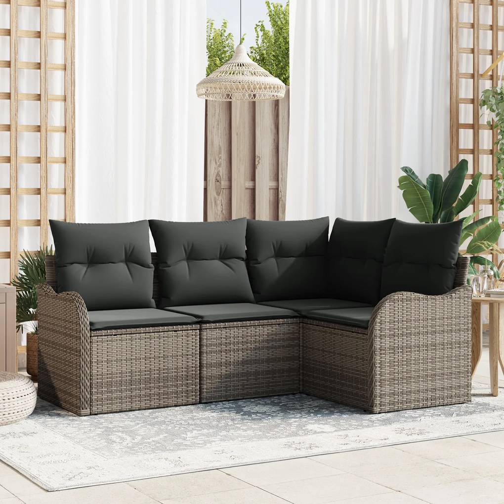 Conjunto de Sofá de Jardim vidaXL 4 Peças com Almofadas Cinza Rattan Poliéster