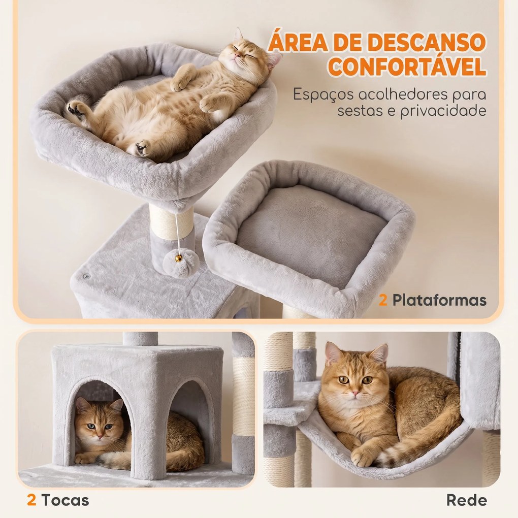 Arranhador para Gatos 204 cm Multinível com 2 Tocas Rede 2 Camas Postes de Sisal e Escada Cinza Claro