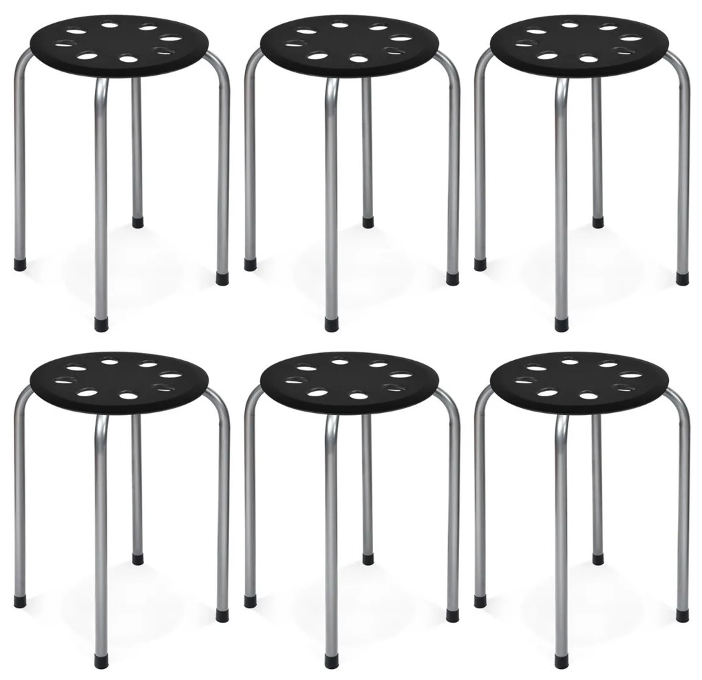 Conjunto de 6 bancos empilháveis de metal com assento redondo perfurado, estrutura metálica  Preto + Cinza