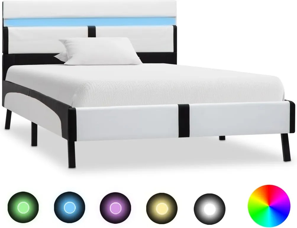 Estrutura cama c/ LED 90x200 cm couro artificial branco e preto