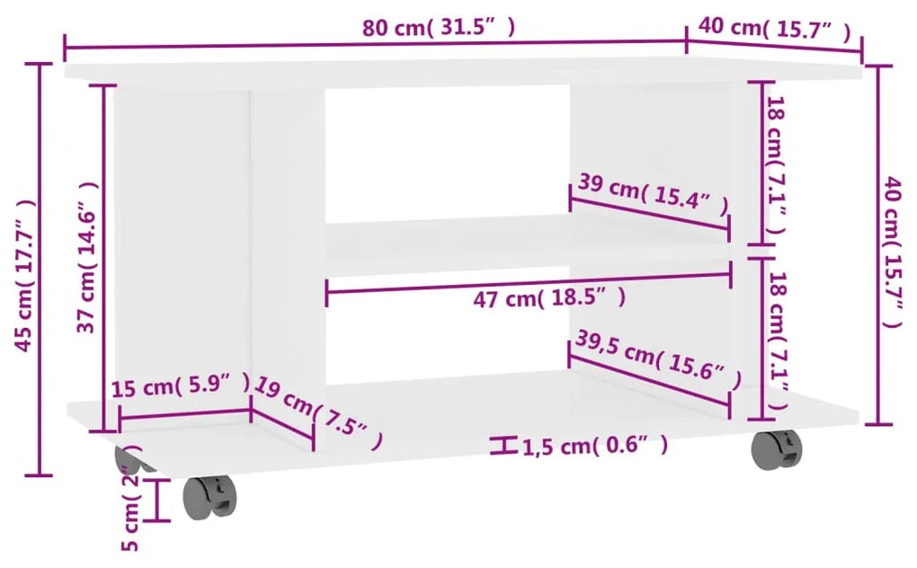 Móvel de TV com rodas 80x40x40 cm contraplacado branco