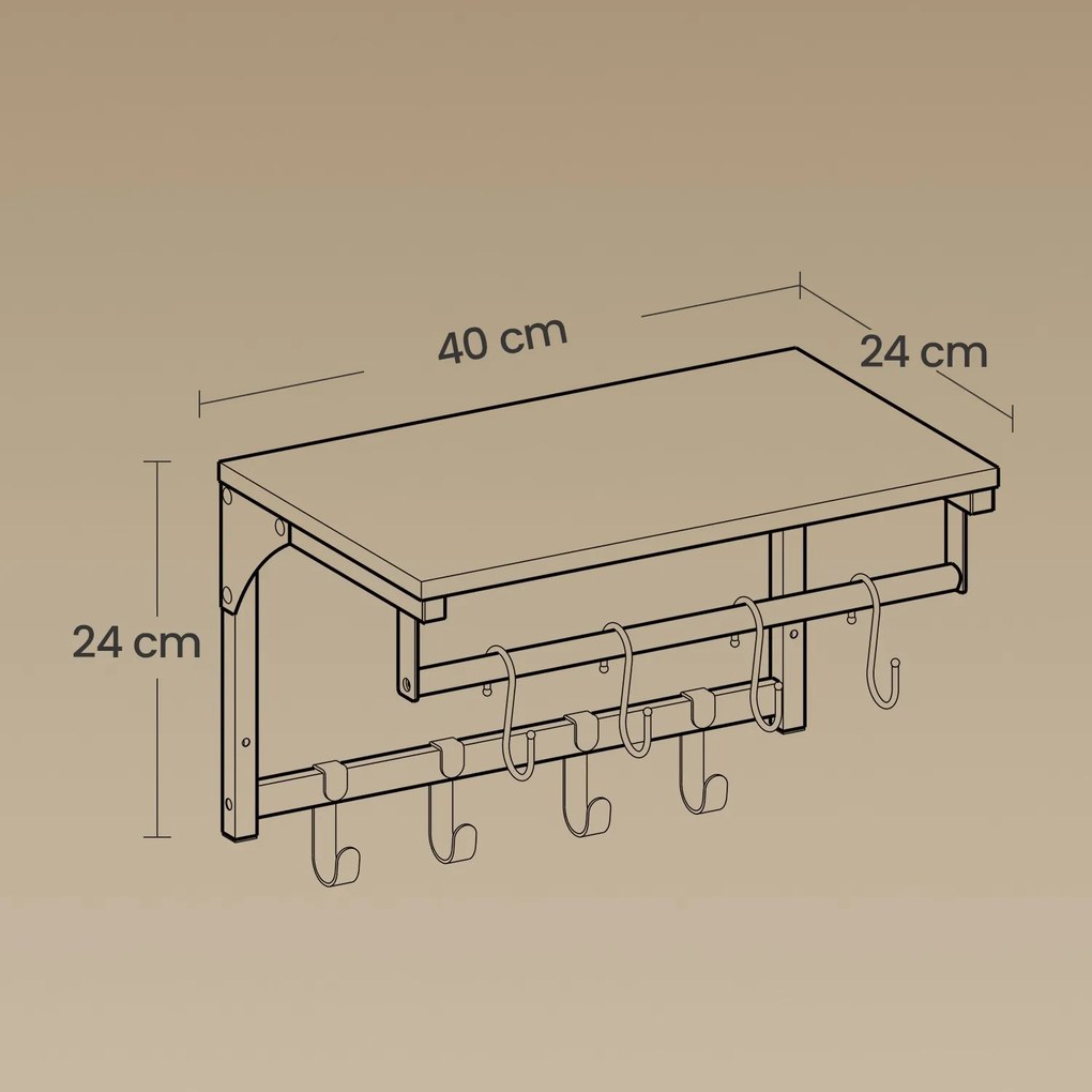 Cabide de parede com 8 ganchos e prateleira de 40 x 24 x 24 cm preto