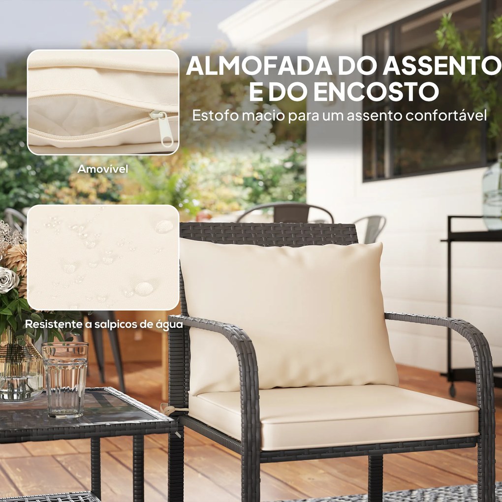 Conjunto de Jardim de 3 Peças com 2 Cadeiras e Mesa com Prateleira e Bancada de Vidro Castanho Escuro e Creme