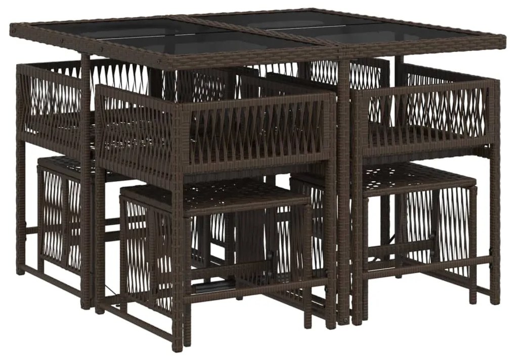 9 pcs conjunto jantar p/ jardim c/ almofadões vime PE castanho