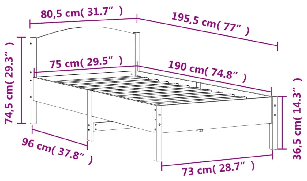 Estrutura de cama com cabeceira 75x190 cm pinho maciço