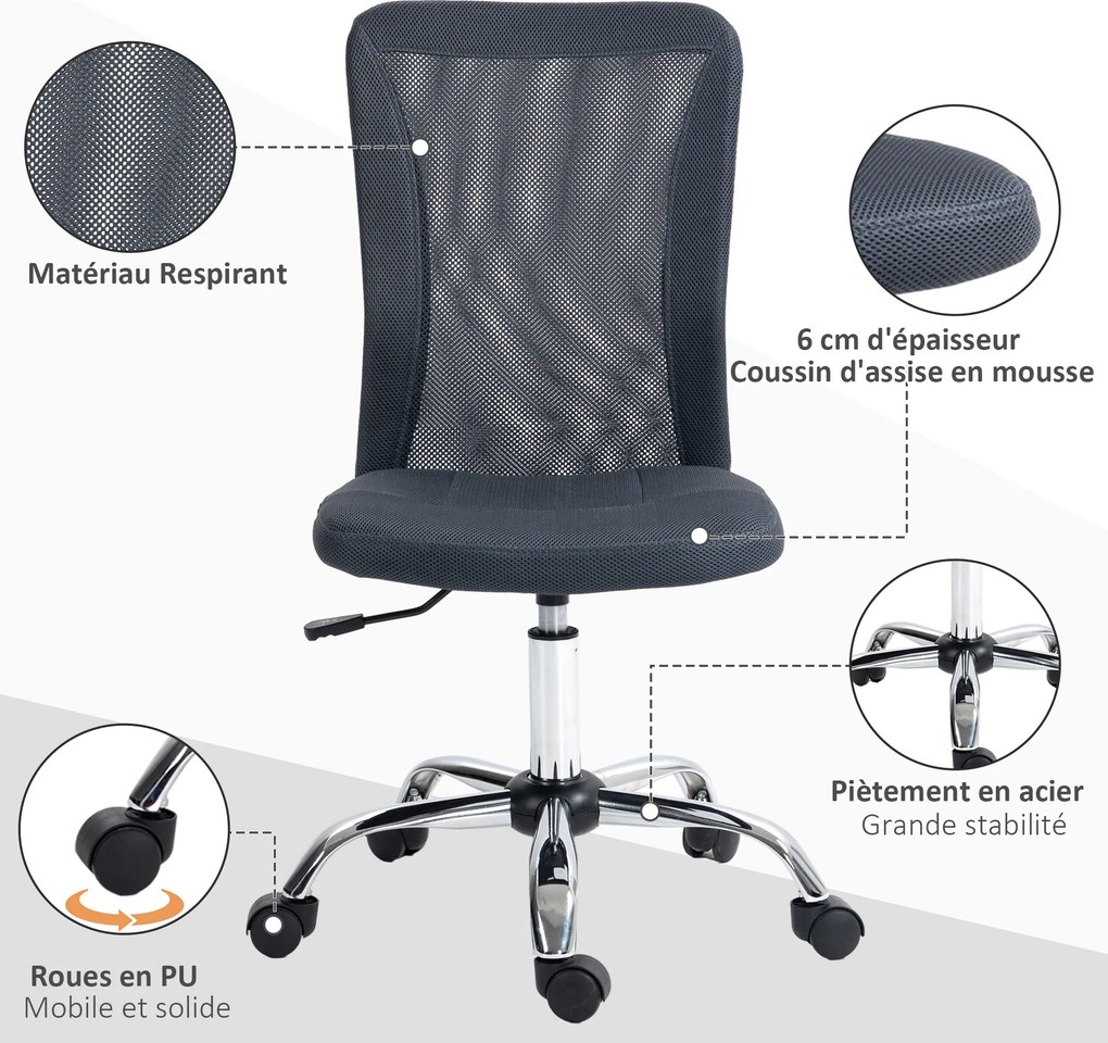 Cadeira de escritório com altura ajustável, base cromada e rotação de 360°, com revestimento em malha cinzenta escura
