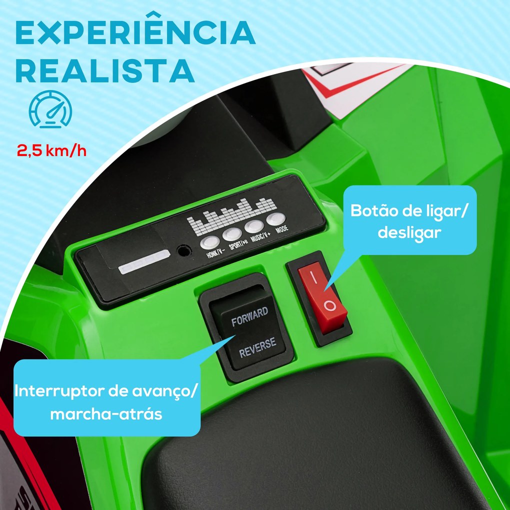 Moto 4 Elétrico para Crianças Veículo Elétrico a Bateria de 6V com Velocidade de 2,5 km/h 70x41,5x48,5 cm Verde