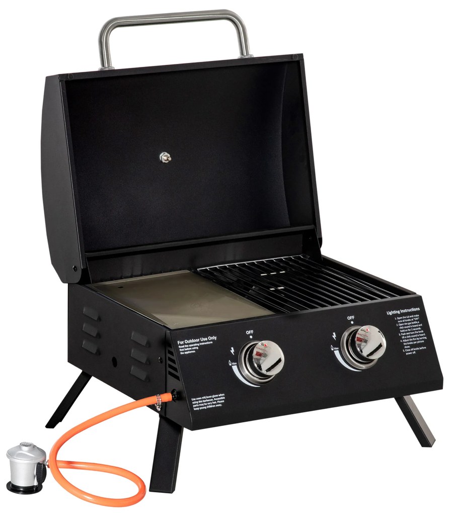 Outsunny Barbecue a Gás Dobrável com 2 Queimadores Churrasqueira à Gás Portátil com Termómetro para Campismo Piquenique ao Ar Livre Jardim 55x46,5x41cm Preto