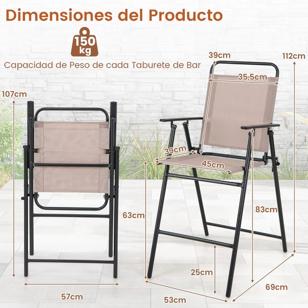 Conjunto de 2 bancos altos rebatíveis Jardim com estrutura metálica em tecido respirável e apoios para os braços Apoio para os pés para o pátio 53 x 6