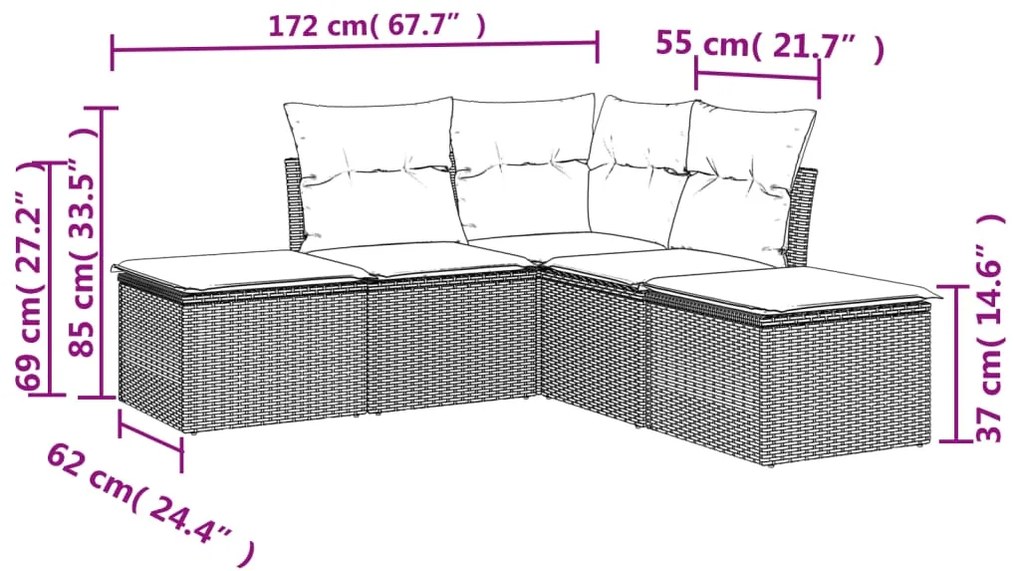 5 pcs conjunto sofás de jardim com almofadões vime PE preto